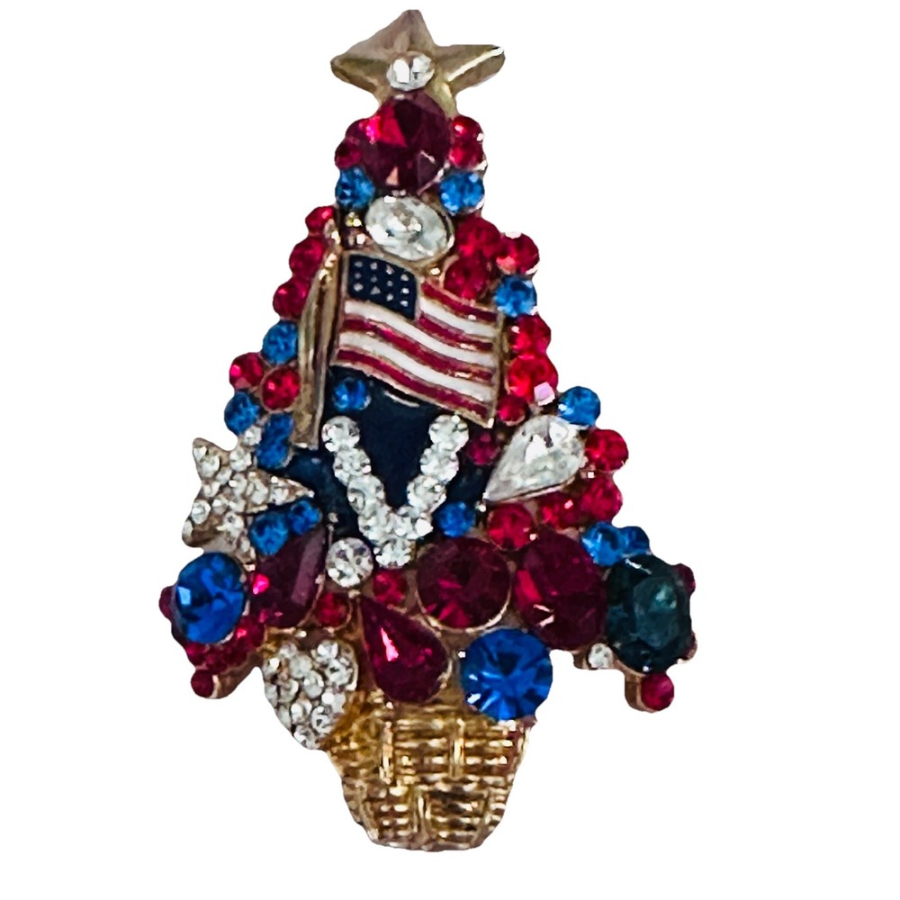 Patriotic Christmas Tree Brooch Red White Blue Rhinestone American Flag Pin