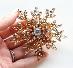 HUGE Vintage AB Glass Rhinestone Snowflake Brooch Articulated Gold Tone 3.5in