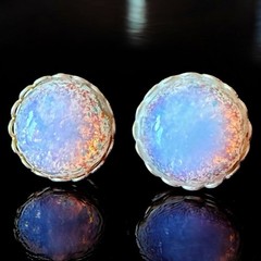 Opal Glass Clip On Earrings Iridescent Dome Gold Tone Vintage Mid Century