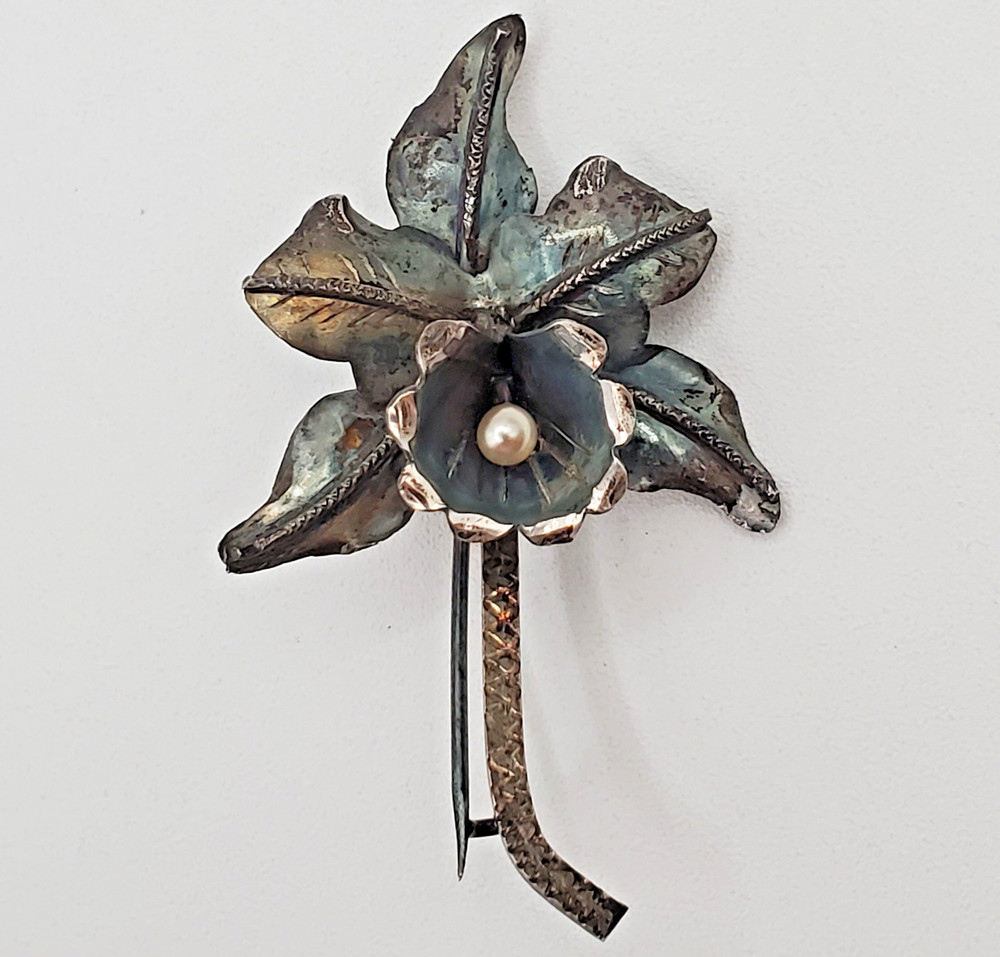 VTG Sterling Silver Orchid Flower Brooch 2in Faux Pearl Center Patina Estate
