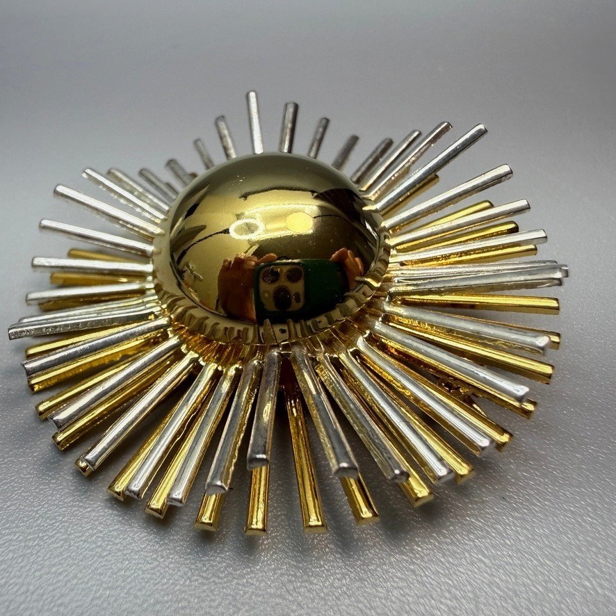 Vintage Sunburst Starburst Mixed Metal Brooch 2″ Atomic Space Age Statement