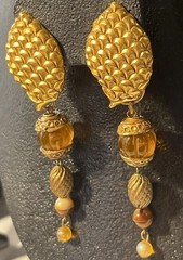 Vtg KATE HINES Signed Convertible Gold Tone Amber Lucite Couture Clip Earrings