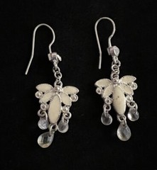 Vtg Silvertone Dangle White Enamel Petals & Clear Crystals French Wire Earrings