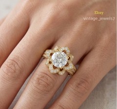 3CT Round Lab Created Diamond Vintage 3D Floral Wedding Ring 14K Yellow Gold FN