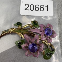 Vintage Pot Metal Gold Tone Brooch Purple Enamel Flower Rhinestone