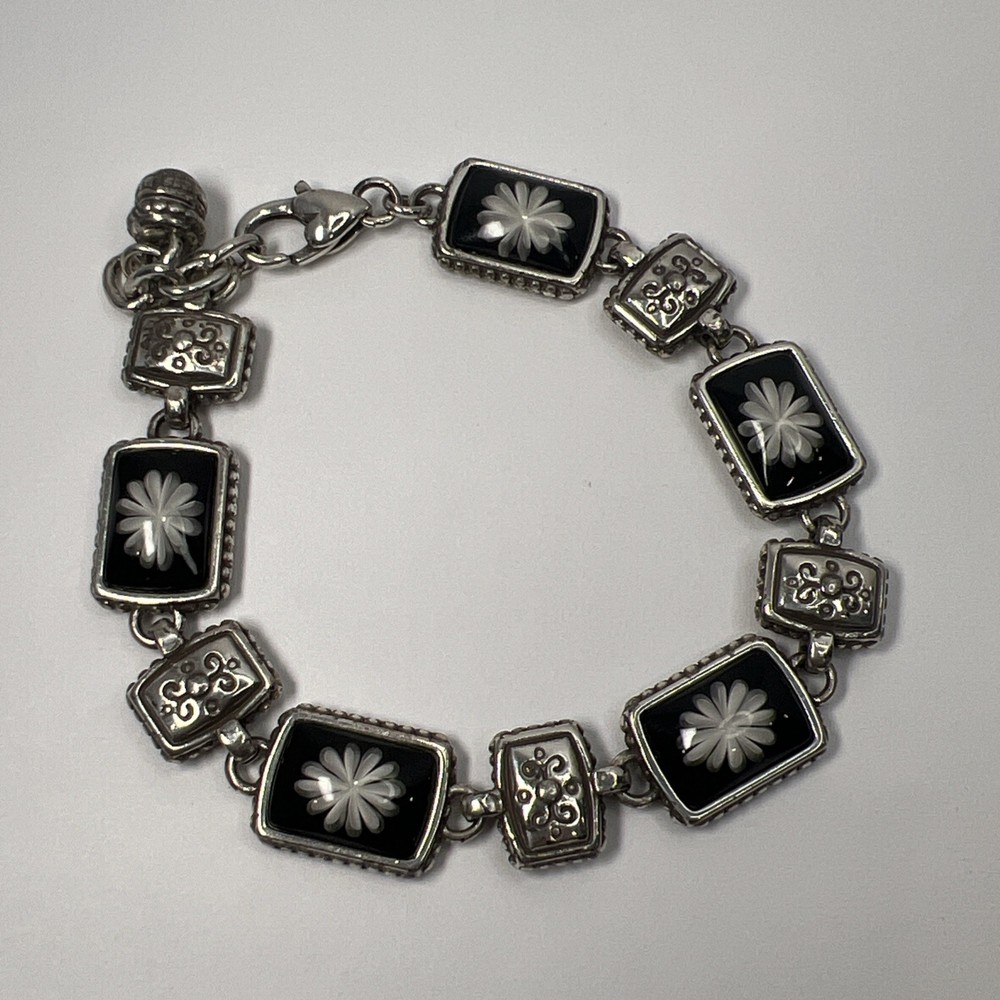 Vintage Brighton Water Lily White Black Flower Retired Silver Bracelet