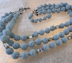 Vintage Marked Japan Necklace Acrylic Sugar Beads Frosted Blue Aurora 3 Strand