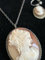 Antique 800 Silver Cameo Pendant Necklace W/Clip On Earrings & Brooch Pendant 2″