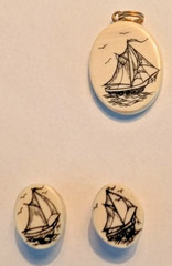 Vintage Scrimshaw Pendant with Ring and Scrimshaw Faux Pendant with Ear Rings