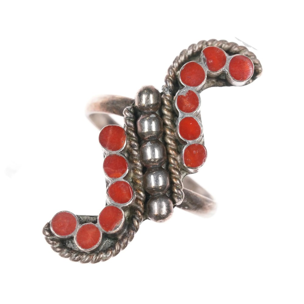 sz6 Dishta Zuni coral flush inlay sterling silver ring