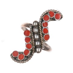 sz6 Dishta Zuni coral flush inlay sterling silver ring