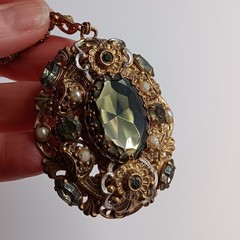 Vtg Western Germany Necklace Smoky Art Glass Faux Pearl Rhinestone Ornate 24″