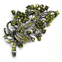 VTG Floral Spray Bow Pin Brooch Sparkling AB Peridot Green Crystal Rhinestones