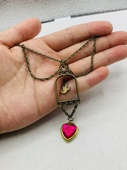 Vintage Boho Quirky Love Bird Dove Pink Photo Heart Locket Statement Necklace