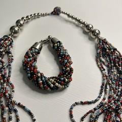 Multicolored Bead Multi Strand Statement Silver Tone Necklace Bracelet Set
