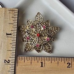 Vintage Gold Tone Pink Rhinestone Open Work Leaf Brooch