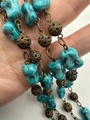 Vintage Czech turquoise art glass beaded necklace 32.5”