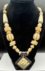 Vintage Tibetan-Style Hand-Carved Bone & Tribal Silver Pendant 21″