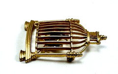 Gold Tone Bird Cage With 2 Colorful Birds Brooch