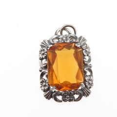 835 Silver Antique Art Deco Real Citrine Floral Oxidized Charm Pendant