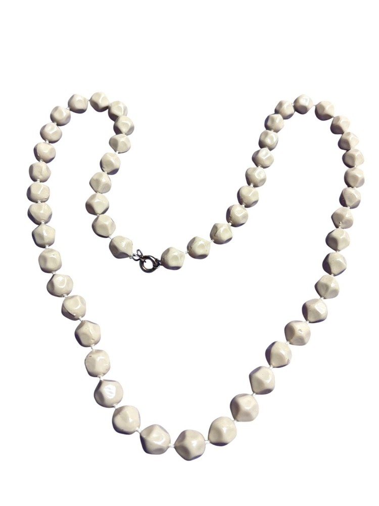 Vintage Beige Plastic Beaded Necklace Spring Ring Clasp 23 inches Long