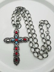 Vintage Signed Celebrity Cabochon Rhinestone Cross Pendant Necklace 28” READ