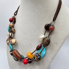 VINTAGE Genuine Stone Wood Three Strand Leather Boho Beaded Necklace