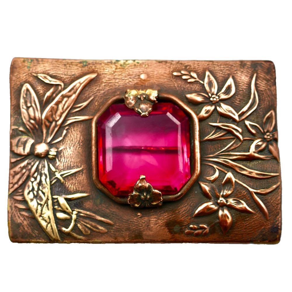 Art Nouveau Red Rhinestone Dragonflies Sash Pin Brooch 2.5″ Embossed Antique
