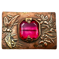 Art Nouveau Red Rhinestone Dragonflies Sash Pin Brooch 2.5″ Embossed Antique
