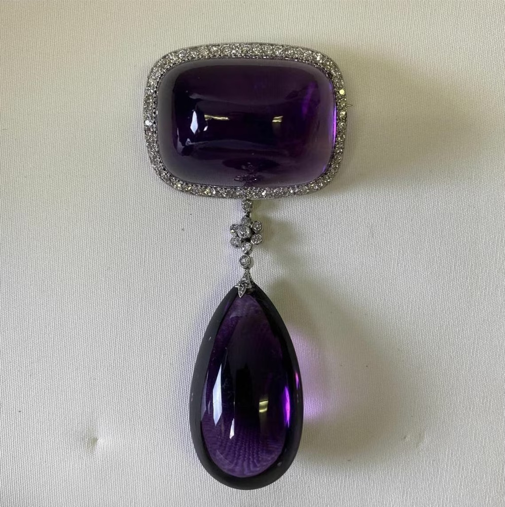 Victorian Amethyst & Diamond Drop Dangle Brooch Pendant 925 Silver Antique Gift