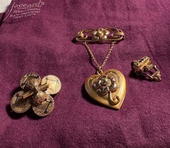 Lot Of 3: Victorian Locket, Clover, Etc. Brooches One Marked 1/20 12k GF