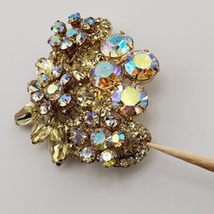 Vintage Rhinestone Brooch Aurora Borealis Yellow Marquise Gold Tone Fan Shape