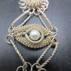 Vtg Wire Filigree Necklace 17” & Bracelet 7” Earrings Faux Pearls Set Boho 1980s