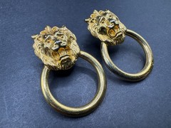 Vintage Gold Tone Lion Head Door Knocker Hoop Stud Dangle Drop Earrings