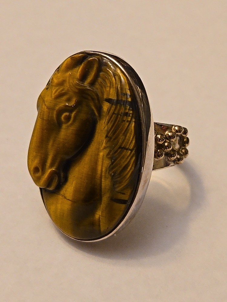 Horse ring figurative face band tiger eye size 7 sterling silver women