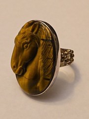 Horse ring figurative face band tiger eye size 7 sterling silver women