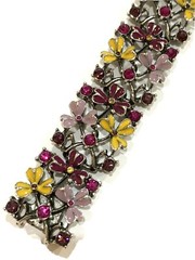 BEN AMUN bracelet Enamel Flowers Rhinestones Lavender Fuchsia Yellow 8”