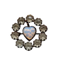 Antique Victorian Opaline Glass Heart Brooch Paste Rhinestone C Clasp Estate