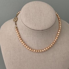 Vintage Yellow Gold Filled Genuine Real Pearl Peach 5.5MM Strand Necklace 14.5″
