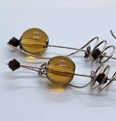 Vtg French Wired Honey Color Glass Bead Silver Dangle Drop Earrings