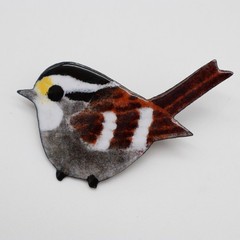 Vtg Unsigned Metal Enamel Sparrow Bird Pin Brooch Brown Black White