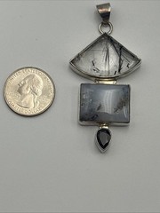 925 Sterling Silver Vtg Rutilated Quartz Gray Blue Agate And Black Oynx Pendant