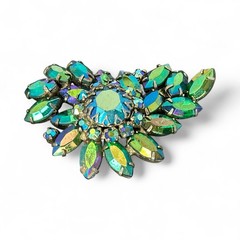 Vintage 1950s Peacock AB Emerald Rhinestone Brooch Silver Tone Marquise Chaton