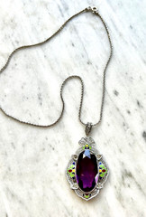 Deco Purple Glass & Multicolor Enamel Filigree Pendant Signed Helgen 17.75”Huge