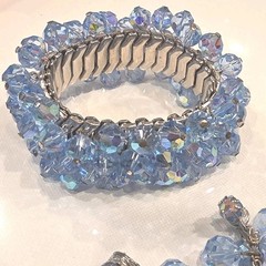 Blue Faceted Aurora Boreales Crystal Bracelet & Clip-On Earrings
