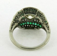 Art Deco Round Lab Created Diamond & Emerald Wedding 14K White Gold Finish Ring
