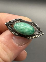 Vintage Sterling Silver Green Cabochon Marquise Brooch/ Pin