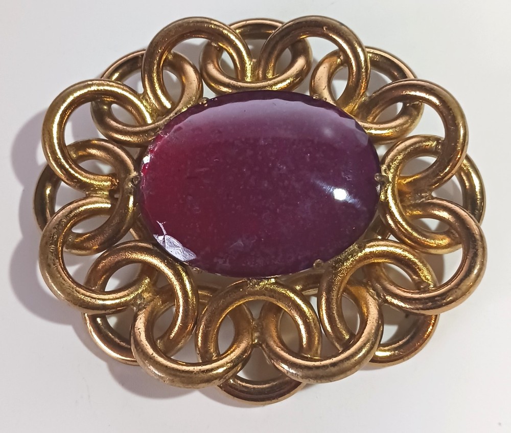 Large Vintage Brooch: Mottled Red-Purple Glass Stone in Interlocked Brass Rings
