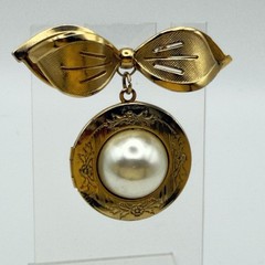 Vintage Gold Bow Brooch Dangle Locket Faux Pearl Photo Pendant Pin