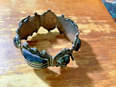 VTG Mexico Sterling Silver BANDED BLACK Onyx Bracelet Carved Mask Face 6O GRAMS